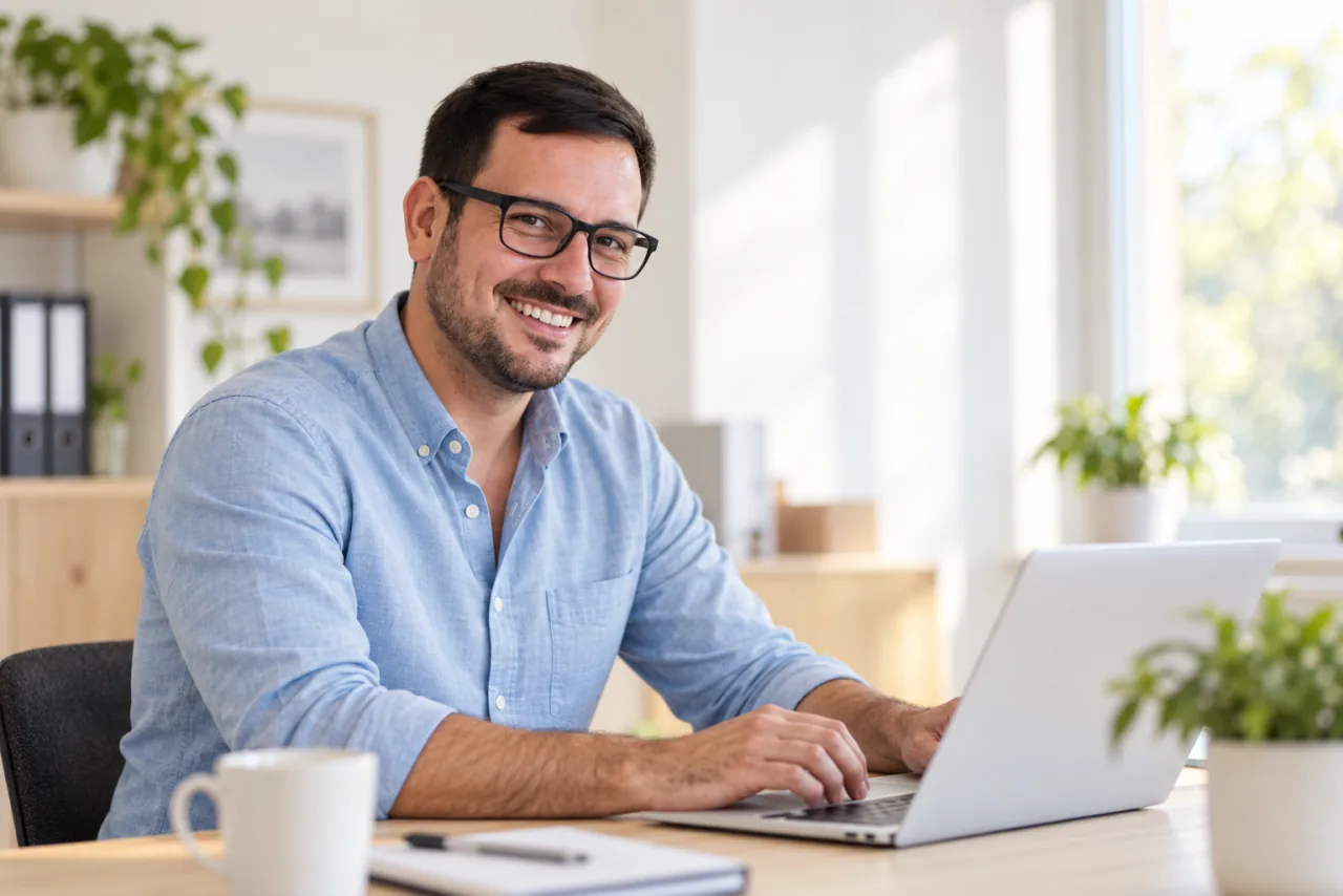 Symbolbild: freundlicher IT-Berater mit offenem Blick in einem hellen Büro