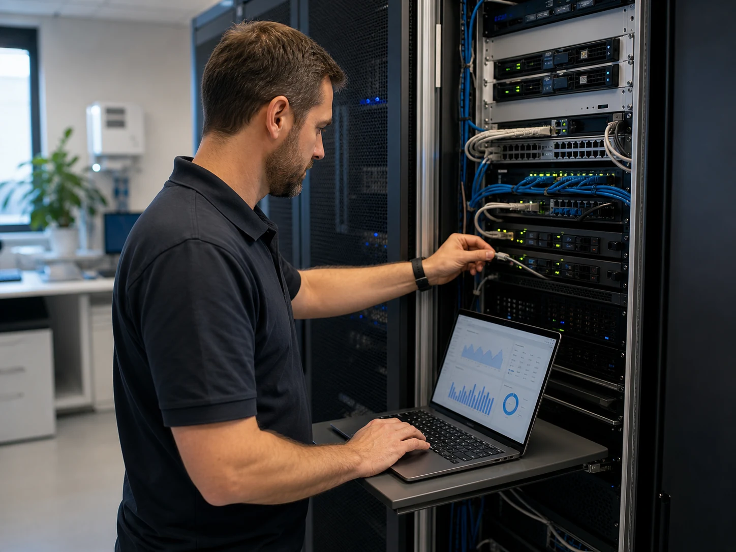 IT-Techniker analysiert und optimiert eine bestehende Server- und Netzwerkinfrastruktur