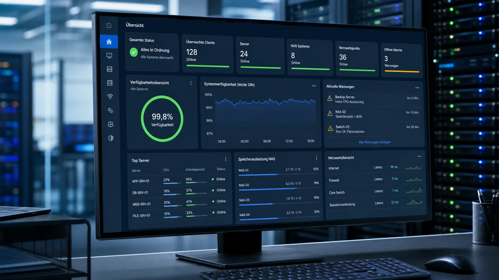 IT-Monitoring-Dashboard mit Server-, NAS-, Netzwerk- und Systemstatus