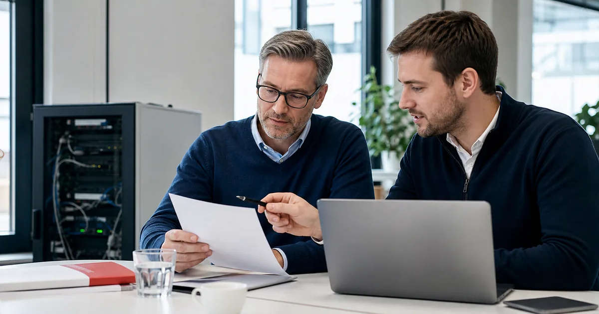 Geschäftsführung und IT-Fachkraft prüfen gemeinsam die Cybersicherheit eines Unternehmens