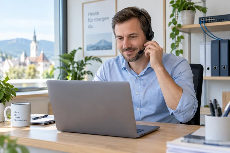 Symbolbild: IT-Techniker mit Headset bei der persönlichen Betreuung am Laptop
