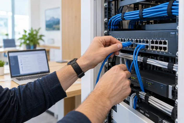 Symbolbild: Techniker verbindet Netzwerkkabel an einem geordneten Firmenswitch